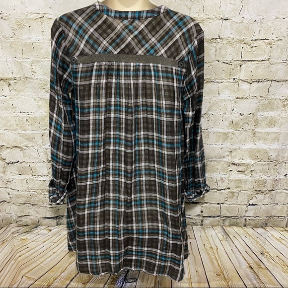 Mystree Oversized Brown Green Plaid Button Down Tunic Top - Picture 4 of 6